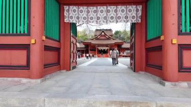Fujinomiya, Japonya 8 Nisan 2024: İnsanlar Japonya 'nın Shizuoka kentinde kiraz çiçeklerinin açtığı Fujisan Hongu Sengen Taisha Shinto Tapınağı' nı veya yağmurlu bir günde Sakura 'yı ziyaret ediyor.