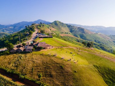 Doi Chang 'deki dağların kuş bakışı manzarası. Tayland' da Chiang Rai 'nin önemli bir simgesi olan koyun çiftliği var..