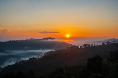Doi Mae Salong dağında gün doğumu Mae Fah Luang, Chiang Rai Tayland 'ın simgesi. Panorama manzarası.