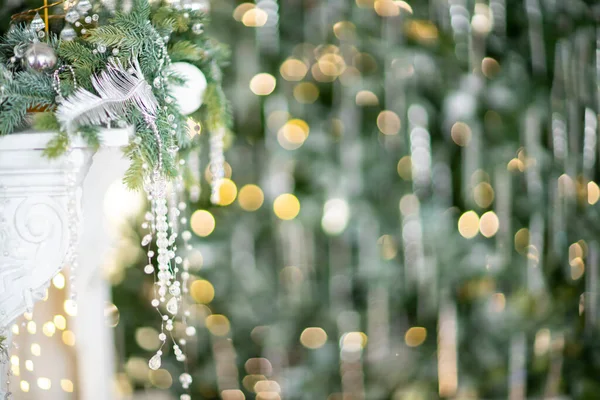 Close Festively Decorated Outdoor Christmas Tree Balls Blurred Sparkling Fairy — Stock Photo, Image