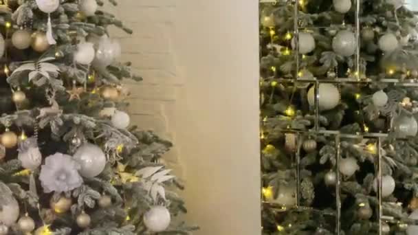 Zbliżenie Świątecznie Urządzonej Choinki Kulkami Rozmazanym Musującym Tle Bajki Rozproszone — Wideo stockowe