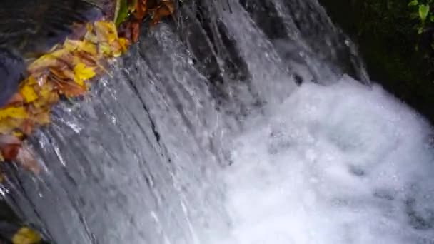 Slow Motion Close Krachtige Razende Witwaterwaterval Die Krachtig Een Rotsachtige — Stockvideo