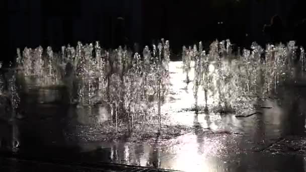 在日落的阳光下 从公园的城市喷泉喷出的水柱 水压和水压泼洒水 慢动作靠近点 — 图库视频影像