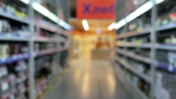 Blurred Background Walking Supermarket Blurred Background Supermarket Interior Shelves Ceiling — Stock Video
