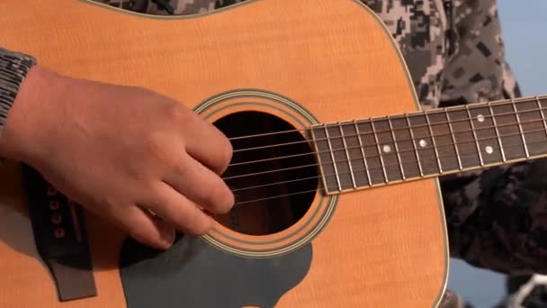 Close Mans Hand Playing Guitar — Stockvideo