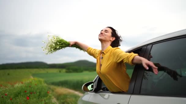 Woman Car Field Happy Woman Lean Out Car Window Warm — Stock Video