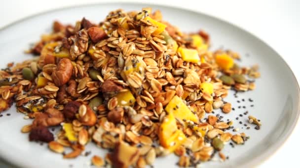 Healthy Organic Granola Breakfast Flakes Almonds Cashew Nuts Walnuts Hazelnuts — Stock Video