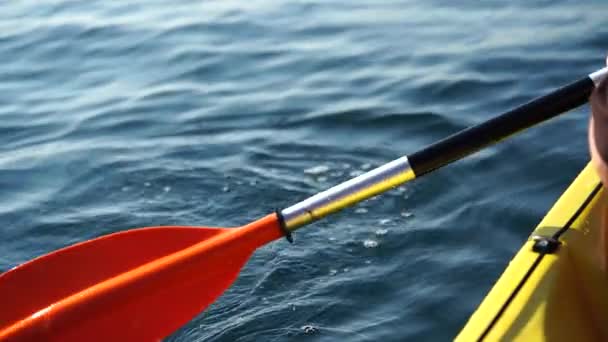 独木舟在海上度假 人们在海上用橙色桨划桨划桨 康乐活动生活娱乐活动休息旅游 — 图库视频影像