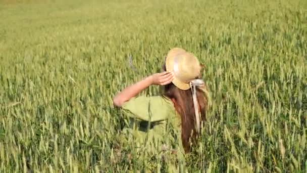 Portrait Attractive Woman Straw Hat Field Fresh Green Wheat Dressed — Wideo stockowe