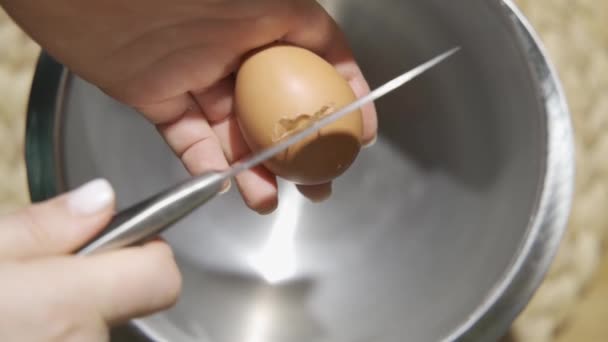 Chef Breaks Chicken Farm Fresh Eggs Silver Bowl — Video Stock