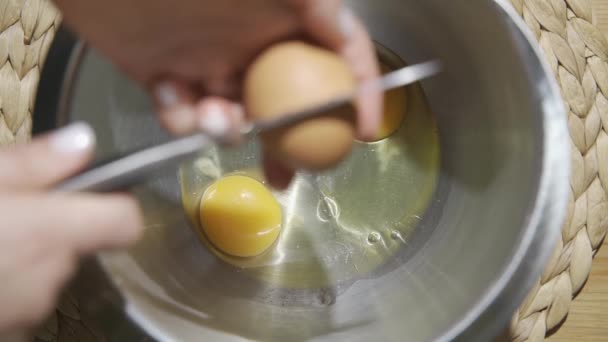 Chef Breaks Chicken Farm Fresh Eggs Silver Bowl — Stock video