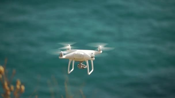 Beyaz Dron Doğa Denizinin Arka Planında Uçar Havada Süzülüyor Video — Stok video