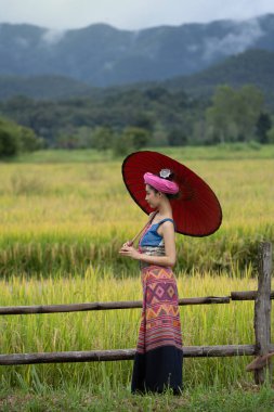 Tayland, Chiang-Mai 'de yerel elbiseli güzel bir Tai Lue kadını..