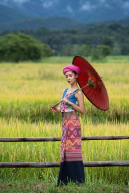 Tayland, Chiang-Mai 'de yerel elbiseli güzel bir Tai Lue kadını..