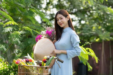 Geleneksel Vietnam moda elbisesi içinde güzel Asyalı kadınlar.