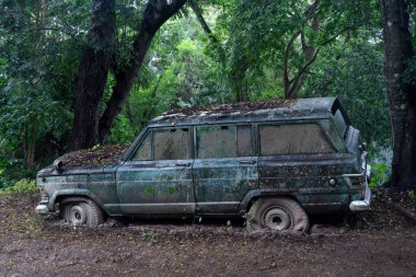 CHIANG-MAI, THAILAND - 11 Eylül 2024: eski bir Jeep Wagoneer arabası Chiang Mai, Tayland 'da ormana bırakıldı. 