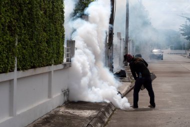 CHIANG MAI, THAILAND - 24 HAZİRAN 2022: Yetkililer konut inşaatındaki sivrisinekleri önlemek için ilaç sıkıyorlar.