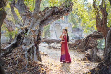 Tayland 'ın başkenti Chiang Mai' de Tayland kostümü giymiş güzel bir kadın..