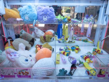 THAILAND - CHIANG-MAI, 10 Mart 2025: Bebek Yakalama Kabinesi, Chiang Mai pazarındaki hedef oyuncağı seçmek için vinç kullanmak zorunda..