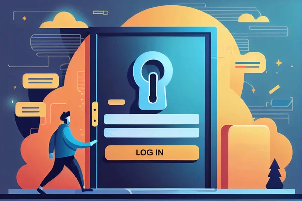A Cybersecurity Concept Illustration. Login screen in app or website in smartphone. Username, password and log in to online bank with phone. Personal information protection and mobile internet security. Identity theft, scam or fraud