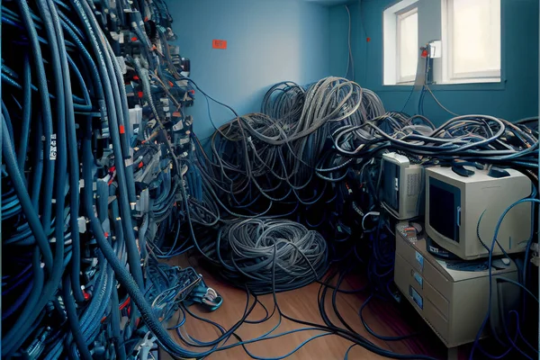 Network server room. Cables on network switches background. Data center cabling infrastructure