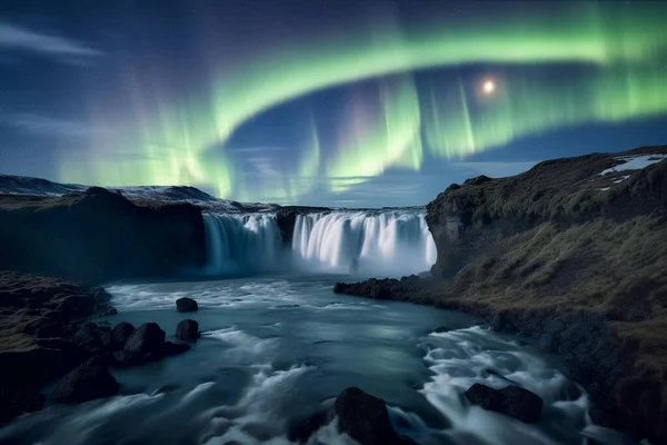 Beautiful snowy landscape with waterfall running down with aurora borealis northern lights in the sky and also the moon