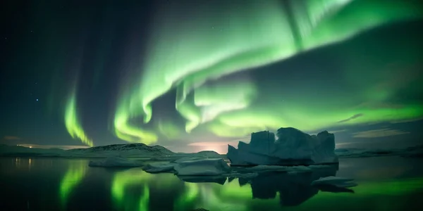 Icebergs in a lake with northern lights aurora borealis dancing in the sky