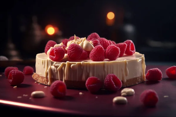 Yummy raspberry cheesecake in a dark background