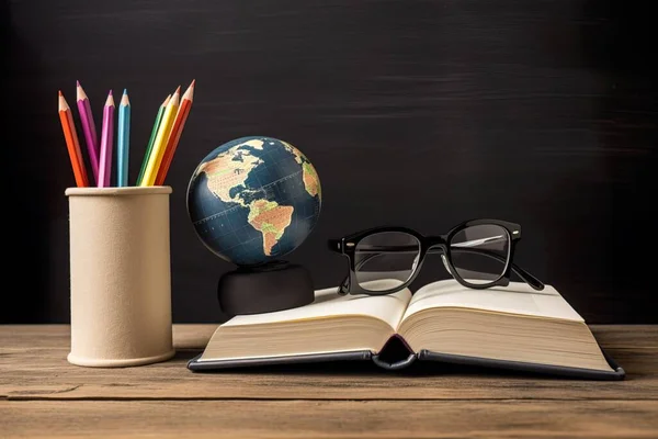 Pencils, books and glasses on a desk with a board in the background. Teacher\'s day. Education concept