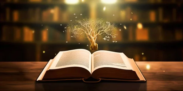 Open book with a tree emerging out of the letters in a library. Teacher\'s day. Education concept