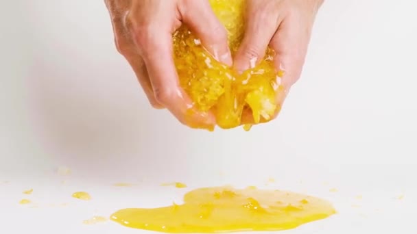 Honing Uit Honingraat Persen Door Handen Natuurlijke Honing Druipt Van — Stockvideo