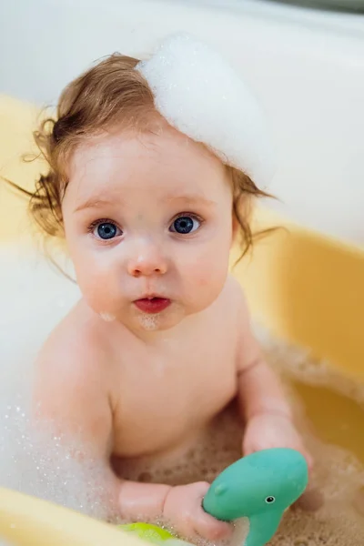 Baby Girl Bath Foam Soap Bubbles Happy Laughing Baby Taking — Stock Photo, Image