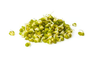 Mung beans with shoots close up. Heap of green gram seeds on white background. Sprouting of mung bean. Vigna radiata beans clipart