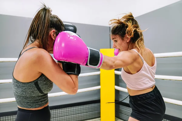 Side view of two female boxers practicing boxing in the ring at the gym.
