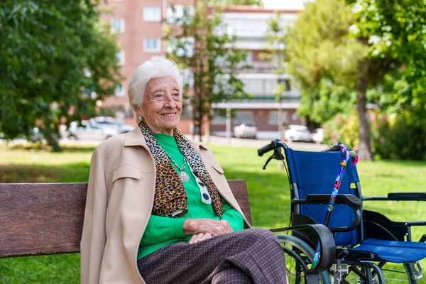 Livlig Lummig Stadspark Vilar Glad Äldre Kvinna Bänk Och Solar — Stockfoto