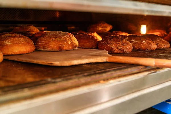 Travailleur Boulangerie Non Identifié Chargeant Habilement Des Pains Four Aide — Photo