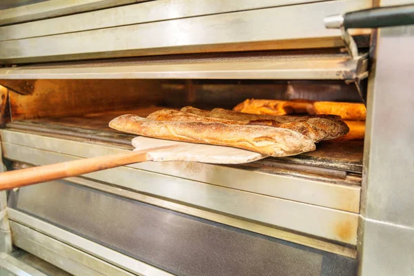 Fresh golden baguette being baked, taken from a hot industrial oven with a wooden baker\'s peel in a traditional bakery