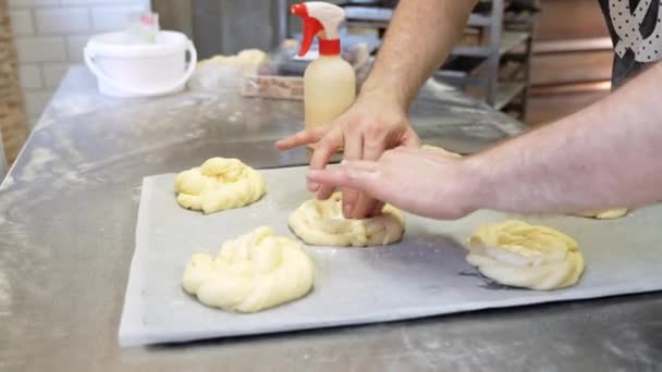 Close Unidentified Worker Hands Bakery Skillfully Filling Pastries Placing Them — Stock Video