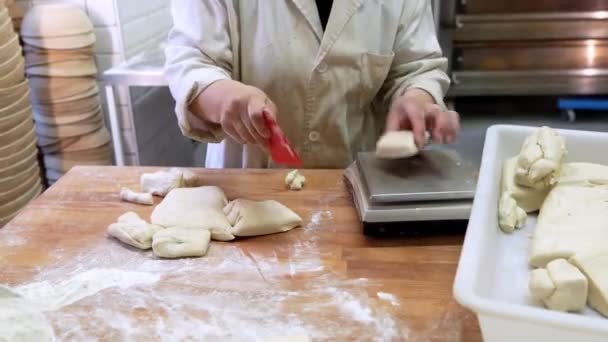 Квалифицированный Ремесленник Хлеб Невидимые Руки Экспериментально Взвешивая Тесто Куски Пекарне — стоковое видео