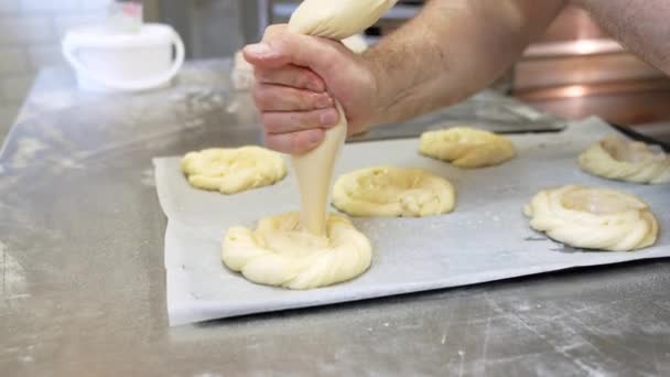 Close Photograph Capturing Anonymous Bakery Worker Skilled Hands Meticulously Filling — Stock Video