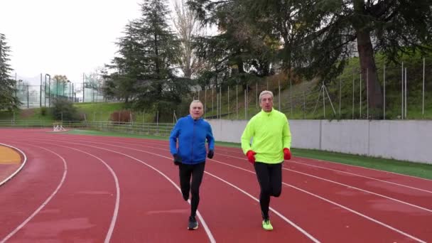 Twee Oudere Blanke Mannen Sportkleding Rails Die Gezondheid Uithoudingsvermogen Tonen — Stockvideo