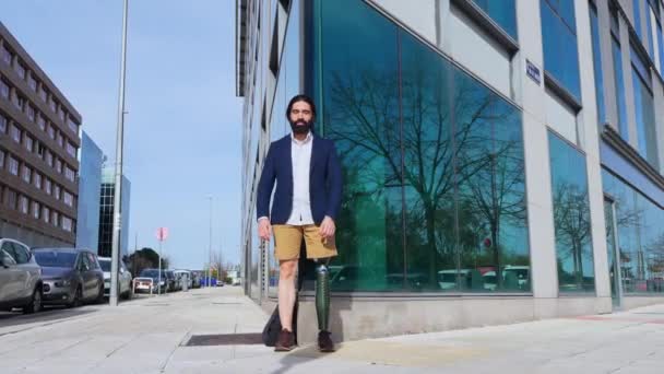 Self Assured Businessman Artificial Leg Confidently Standing Reflective Glass Building — Stock Video
