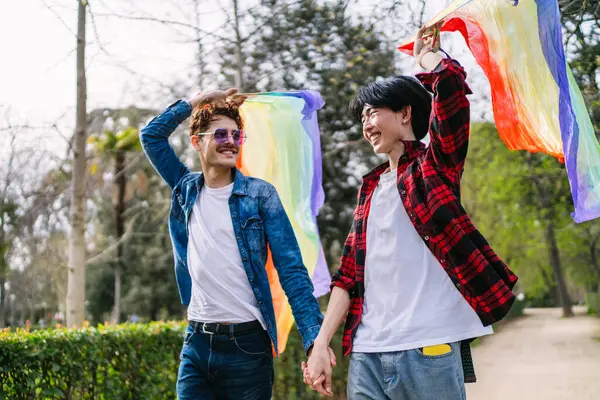 在阳光灿烂的公园里 一对中国和拉美同性恋夫妇与五颜六色的男女同性恋 双性恋和变性者的尾巴粉丝们一起玩耍 图库图片