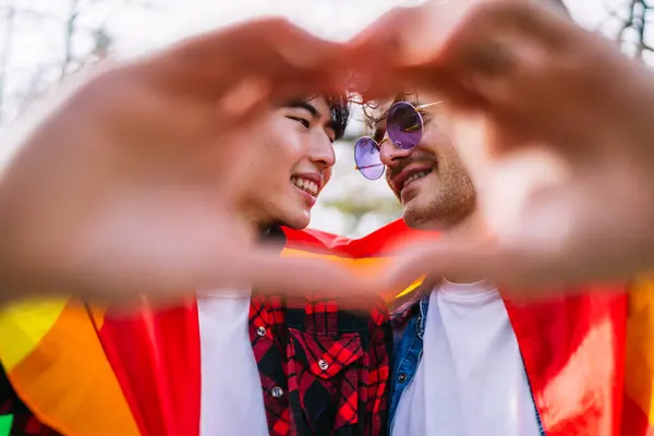 拉美和中国的同性恋伴侣共享一段亲密的时光 他们的双手勾勒出了一颗心 免版税图库图片