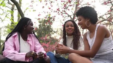 Üç genç Afrikalı kadın, çiçek açan ağaçlar ve çiçeklerle çevrili bir parkta çimlerin üzerinde otururken gülüp konuşuyorlar..