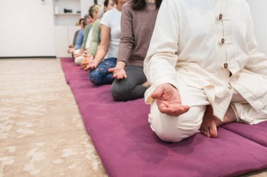 Yoga hocası ve yaşlı kadınlar, farkındalık seansı sırasında minderlerin üzerinde oturarak art arda meditasyon yaparlar. Yoga yoluyla rahatlama, odaklanma ve iç huzur kavramı.