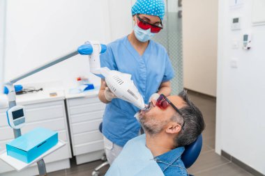 Bir dişçi klinikteki bir hastanın dişlerine beyazlatma cihazı uygular. Koruyucu gözlük ve gelişmiş ekipmanlar kullanılır. Profesyonel diş beyazlatma kavramı.