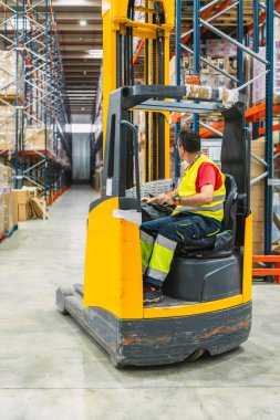 Lojistik operatörü bir depodaki raflar arasında forklift kullanıyor, malları yönetiyor ve naklediyor.
