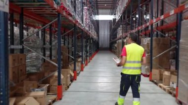 Güvenlik yeleği giymiş bir depo işçisi koridorda yürüyor, envanteri kontrol ediyor ve doğru borsa yönetimini sağlama alıyor.