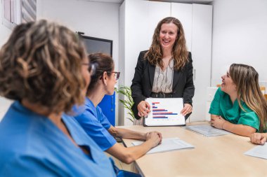 Hemşireler ve bir yönetici bakım evinde verileri tartışıyor, takım çalışması ve sağlık planlamasına odaklanıyor. İlgili istatistikleri gösteren bir tablet